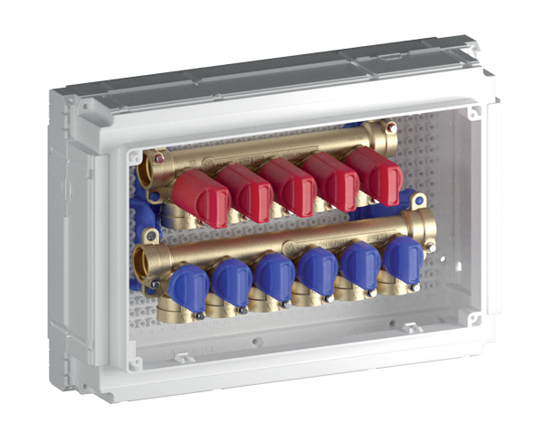 K4.3 flush-mounting multiple shut-off domestic manifold kit with 5+4 and 6+5 outlets 