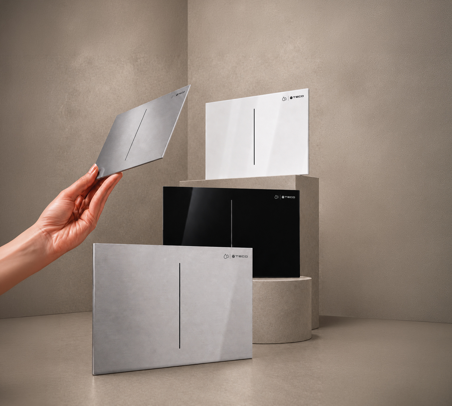 TECO MATRIX faceplates in stainless steel, white glass and black glass finishes